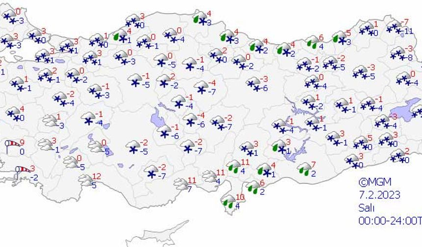 7 Şubat Salı günü de kar yağışı sürecek. Sıcaklıklar eksi 2 ila eksi 6 arasında değişecek.