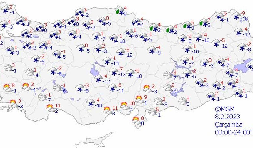 8 Şubat günü de Konya'da kar yağışının sürmesi bekleniyor. Sıcaklık eksi 3 ila eksi 8 arasında.