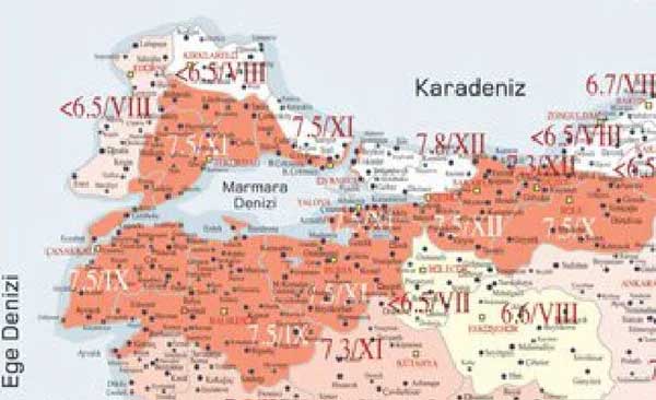MARMARA BÖLGESİ
Ahmet Ercan'ın hazırladığı haritaya göre en riskli iller Marmara Bölgesi'nde yer alıyor. İstanbul 7.8 şiddetinde deprem beklenirken, Bursa, Balıkesir, Çanakkale yörelerinde 7.5 şiddetinde deprem bekleniyor...