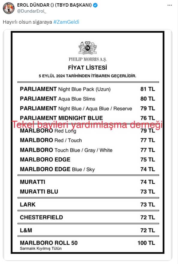 Sigaraya Zam Geldi 05 Eylül 2024