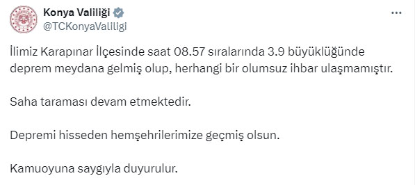 Konya Valiligi Deprem Açıklaması