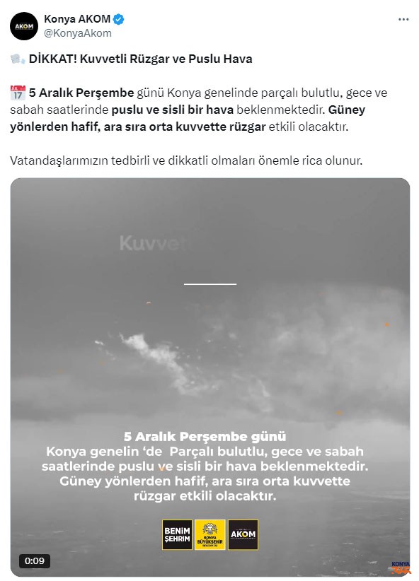 Konya Akom Uyarisi 5 Aralik