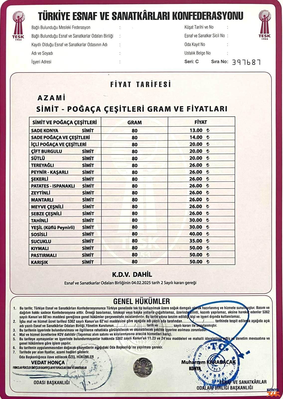 Konya Simit Fiyatlari