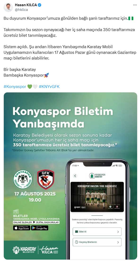 Karatay Belediyesi Mac Bileti Bedava