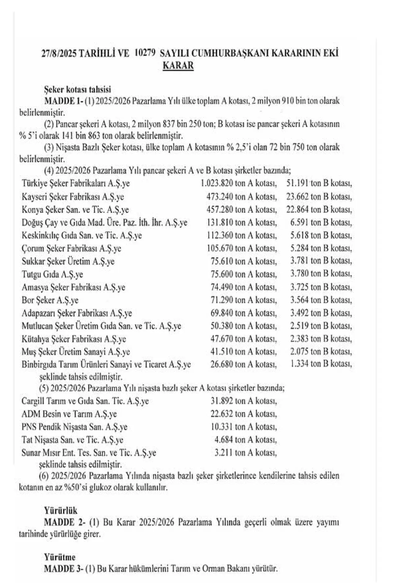 Resmi Gazete Pancar Kotasi Aciklamasi