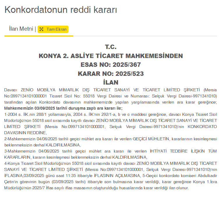 Konkordato Iptal Iflas Evet Zenio