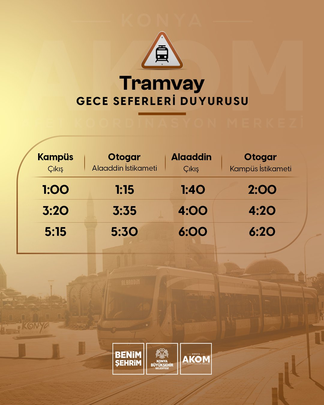 Konya Tramvay Sefer Saatleri 1