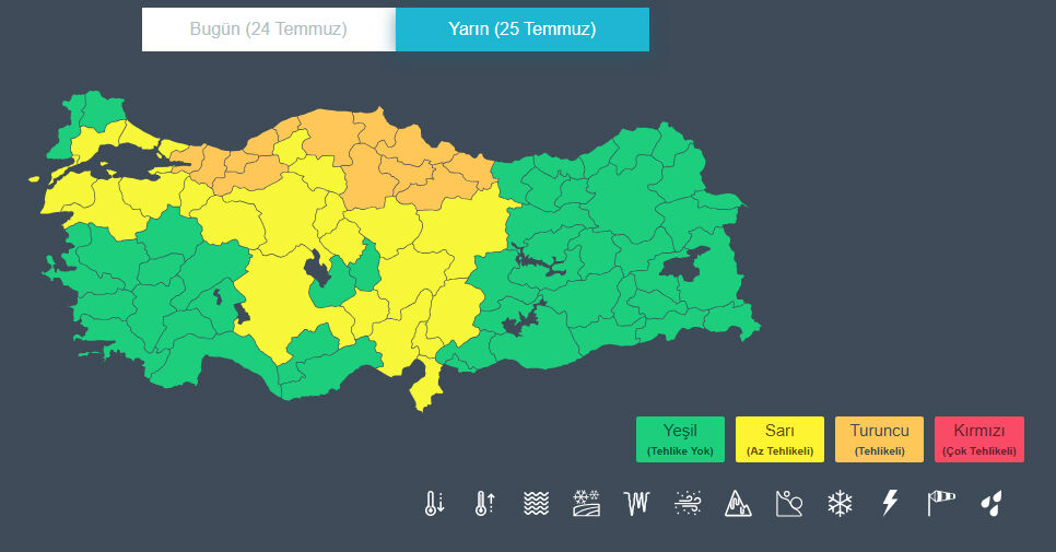 Sari Kodlu Uyari 25 Temmuz Cumartesi
